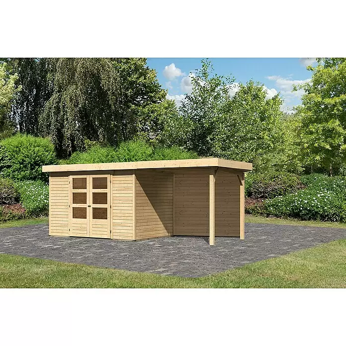 Karibu Gartenhaus Askola 4 - Außenmaß inkl. Dachüberstand (B x T): 554 x 238 cm, Holz, Natur, Mit Seitendach und Rückwand - Stimmungsaufnahme