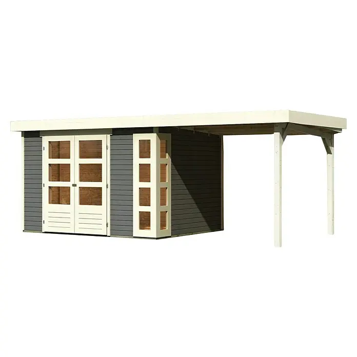 Karibu Gartenhaus Kerko 5 - Außenmaß inkl. Dachüberstand (B x T): 554 x 262 cm, Holz, Terragrau, Mit Seitendach - Geräumiges Gartenhaus mit Doppeltür und praktischem Unterstand bietet viel Platz und Schutz für Gartenmöbel und Geräte.