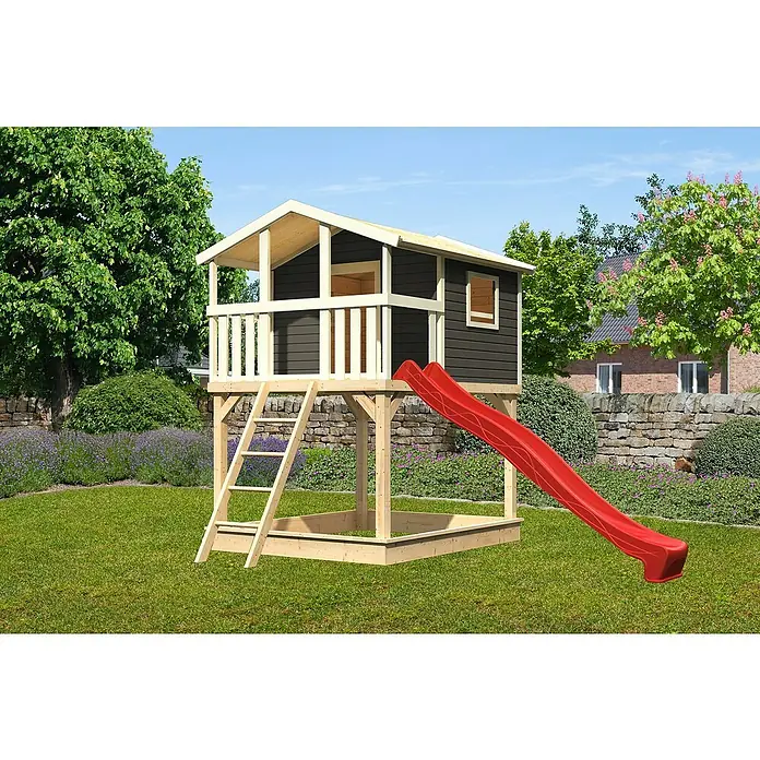 Karibu Spielhaus - L x B x H: 244 cm x 198 mm x 309 cm, Holz, Terragrau, Mit Rutsche & Leiter - Ein hölzernes Spielhaus mit Rutsche im Garten. Ideal zum Spielen und Toben im Freien, bietet dieses Haus Spaß und Abenteuer.