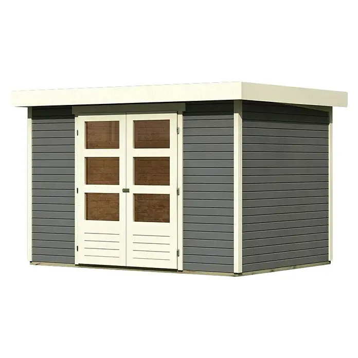 Karibu Gartenhaus Cuno 4 - Außenmaß inkl. Dachüberstand (B x T): 330 x 238 cm, Holz, Terragrau - Ein graues Gartenhaus mit weißen Türen und Dach. Das Gartenhaus bietet Stauraum und ist optisch ansprechend.