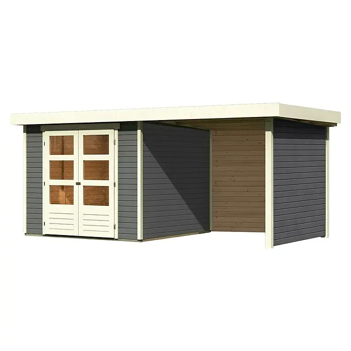 Karibu Gartenhaus Askola 3,5 - Außenmaß inkl. Dachüberstand (B x T): 491 x 262 cm, Holz, Terragrau, Mit Seitendach, Rück- und Seitenwand - Ein geräumiger, grau gestrichener Geräteschuppen mit Doppeltüren und einem seitlichen Unterstand bietet viel Platz für Gartengeräte und mehr.