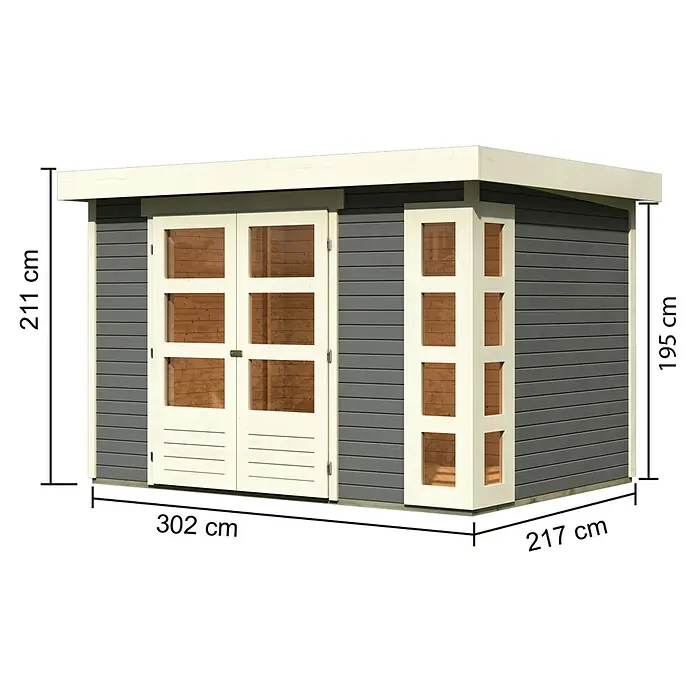 Karibu Gartenhaus Kerko 4 - Außenmaß inkl. Dachüberstand (B x T): 330 x 238 cm, Holz, Terragrau - Abbildung eines Holzgartenhauses mit Maßen. Das Gartenhaus ist grau und hat eine weiße Tür und weiße Fensterrahmen.