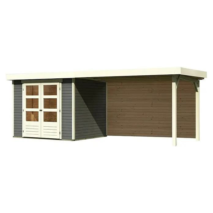 Karibu Gartenhaus Askola 3 - Außenmaß inkl. Dachüberstand (B x T): 528,5 x 238 cm, Holz, Terragrau, Mit Seitendach und Rückwand - Das Bild zeigt ein graues Gartenhaus mit weißen Türen und einem angrenzenden Unterstand. Es ist eine ideale Lösung für zusätzlichen Stauraum im Garten.