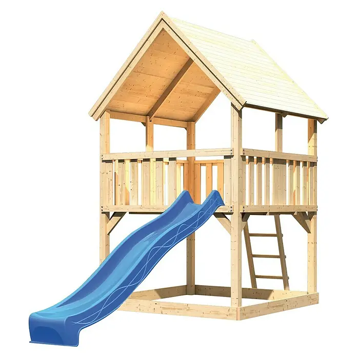 Karibu Kinderspielturm Luis Set 2 - L x B x H: 200 x 200 x 345 cm, Natur/Blau - Das zweistöckige Spielhaus mit blauer Rutsche ist ein toller Spielplatz für Kinder im Garten.