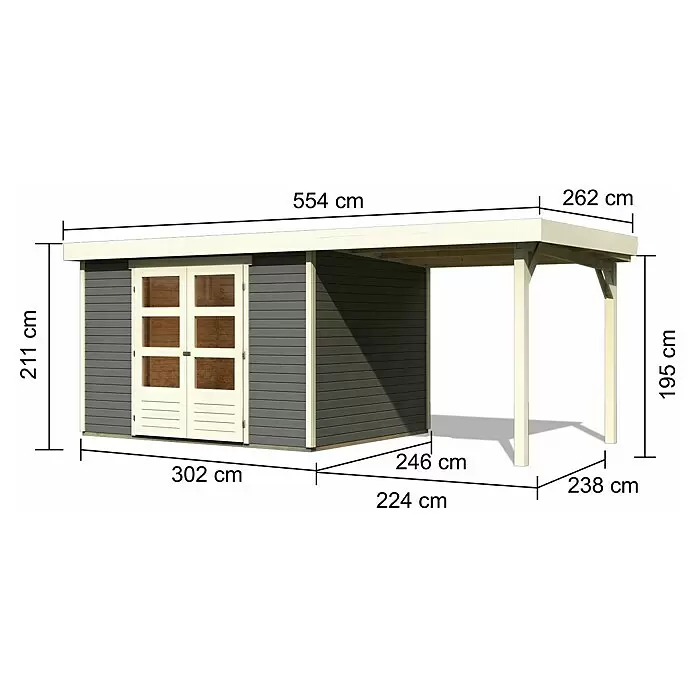 Karibu Gartenhaus Askola 5Außenmaß inkl. Dachüberstand (B x T): 554 x 262 cm, Holz, Terragrau, Mit Seitendach