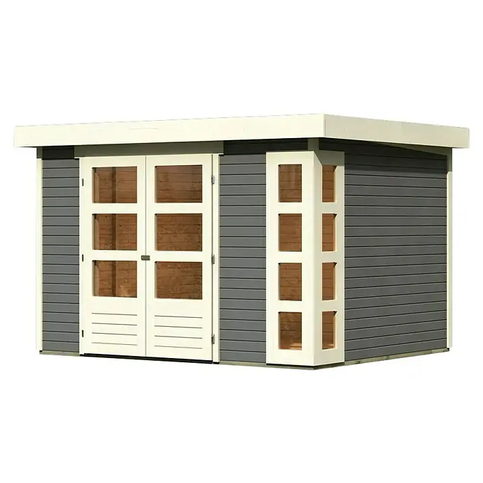 Karibu Gartenhaus Kerko 5 - Außenmaß inkl. Dachüberstand (B x T): 329 x 262 cm, Holz, Terragrau - Ein graues Gartenhaus mit Doppeltüren und weißen Akzenten, das eine stilvolle und praktische Ergänzung für jeden Außenbereich darstellt.
