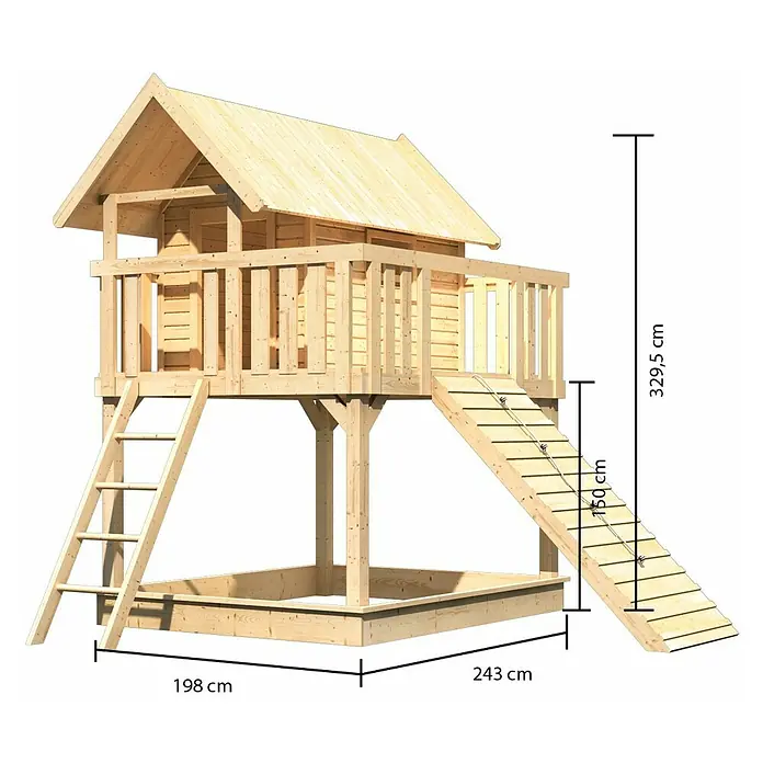 Karibu Kinderspielturm Fidel Set 9 - L x B x H: 243 x 198 x 329,5 cm, Natur - Abbildung eines hölzernen Spielhauses mit Rutsche, Leiter und Sandkasten, dargestellt mit Maßangaben für Breite und Höhe.