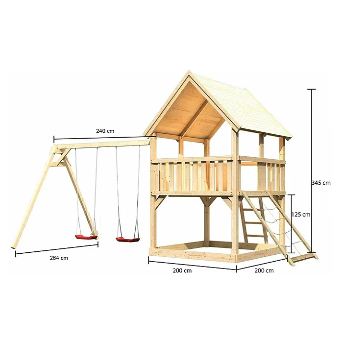Karibu Kinderspielturm Luis Set 16 - L x B x H: 264 x 440 x 345 cm, Natur - Illustration eines Holzspielturms mit Schaukel und verschiedenen Kletteroptionen mit Maßangaben versehen.