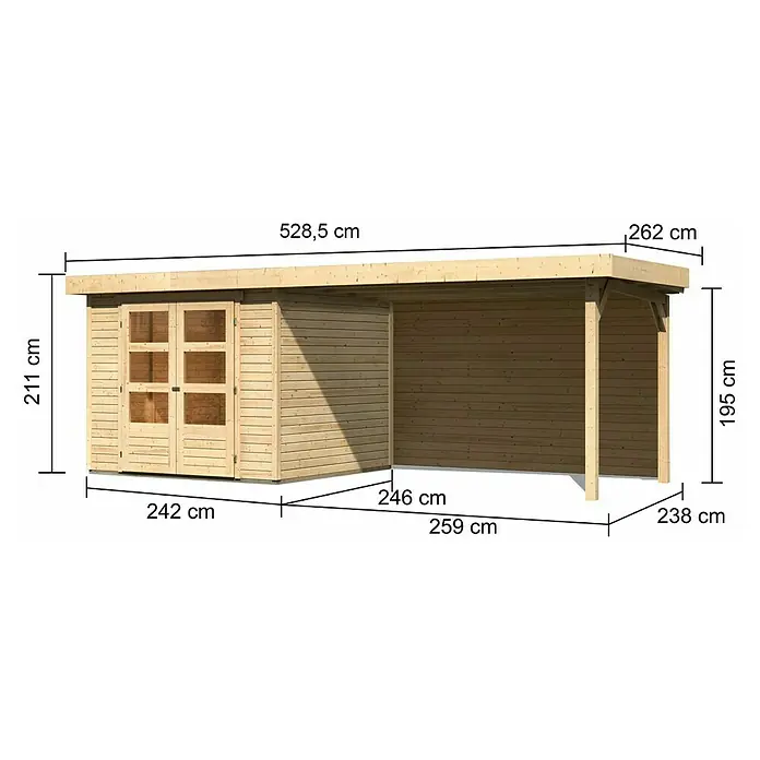 Karibu Gartenhaus Askola 3,5 - Außenmaß inkl. Dachüberstand (B x T): 528,5 x 262 cm, Holz, Natur, Mit Seitendach und Rückwand - Abbildung eines Holzgartenhauses mit Carport und den dazugehörigen Maßangaben in Zentimetern für einen einfachen Aufbau.