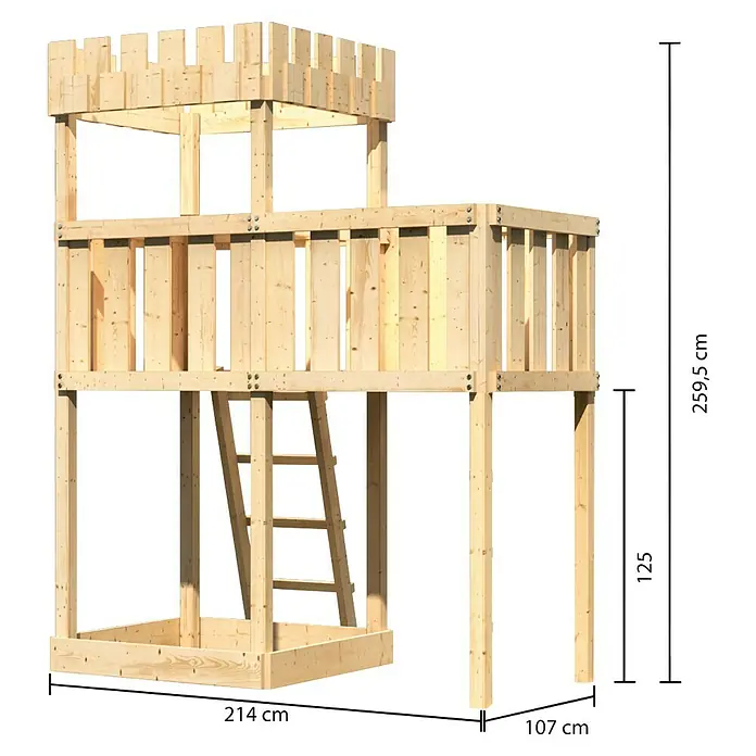 Karibu Kinderspielturm Ritterburg Löwenherz Set 6 - L x B x H: 107 x 214 x 259,5 cm, Natur - Abenteuerlicher Spielturm aus Holz mit Leiter und Burgturm für fantasievolles Spielen im Garten.