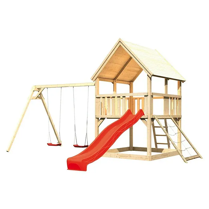Karibu Kinderspielturm Luis Set 21 - L x B x H: 264 x 440 x 345 cm, Natur/Rot - Holzspielplatz mit Schaukeln, Rutsche und Klettergerüst für Kinder zum Spielen im Garten.