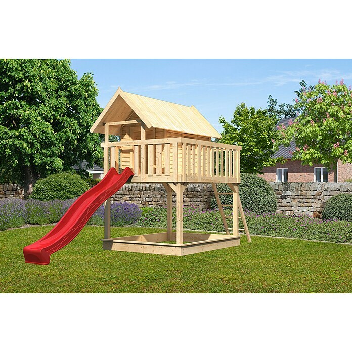 Karibu Kinderspielturm Fidel Set 4 (L x B x H: 243 x 198 x 329,5 cm, Natur/Rot) | BAUHAUS