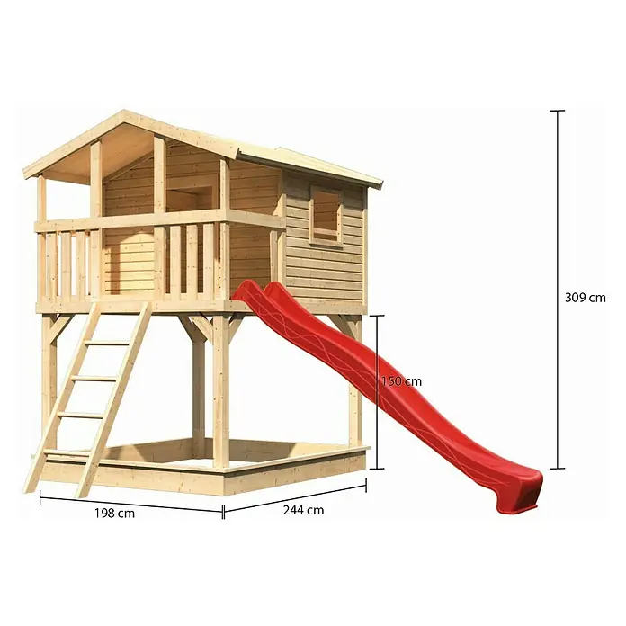 Karibu Spielhaus Benjamin Set 4 - L x B x H: 244 cm x 198 mm x 309 cm, Holz, Natur - Ein hölzernes Spielhaus mit Rutsche, Leiter und Sandkasten. Das Spielhaus hat eine Gesamthöhe von 309 cm und bietet viel Platz zum Spielen.