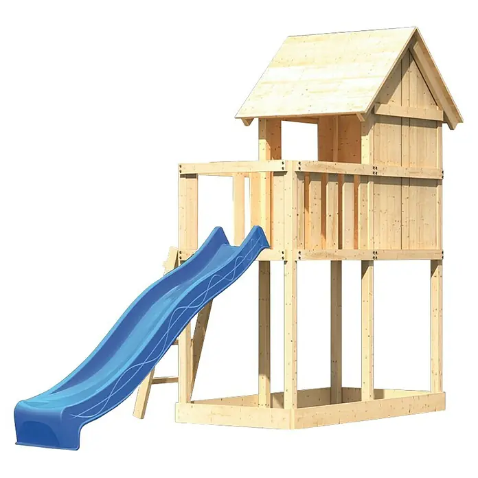 Karibu Kinderspielturm Frieda Set 2 - L x B x H: 107 x 202 x 291 cm, Natur - Kinderspielhaus mit Rutsche aus Holz für den Garten. Das Spielhaus hat ein Dach und eine blaue Rutsche.