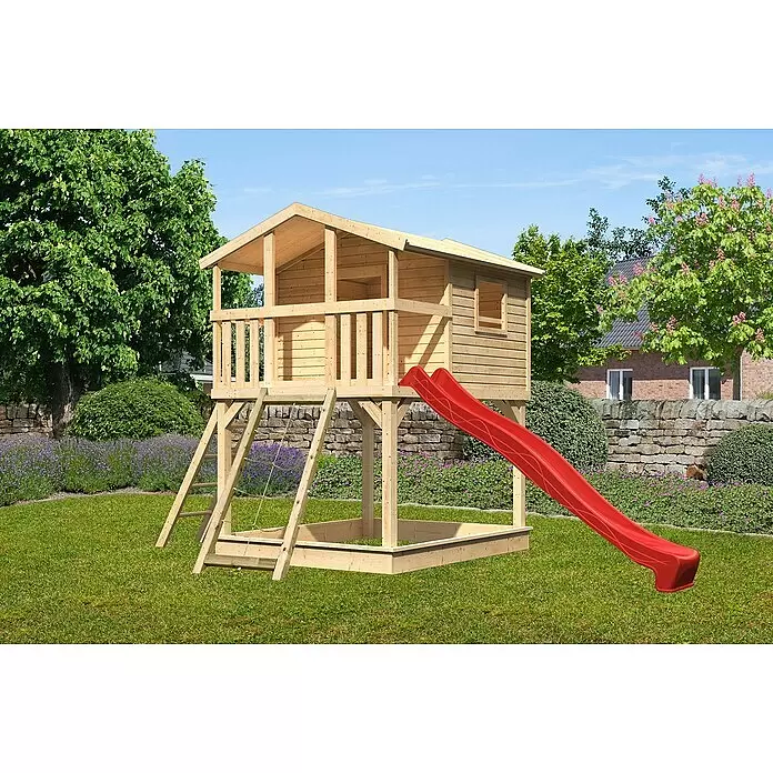 Karibu Spielhaus Benjamin Set 12 - L x B x H: 244 cm x 198 mm x 309 cm, Holz, Natur - Stimmungsaufnahme