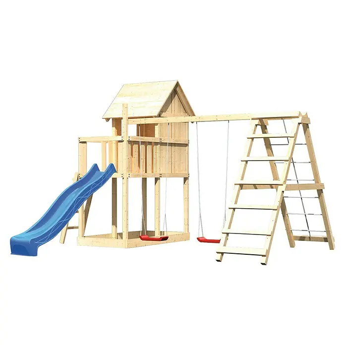 Karibu Kinderspielturm Frieda Set 11 - L x B x H: 264 x 347 x 291 cm, Natur - Spielplatz mit Rutsche, Schaukel und Klettergerüst. Der Holzrahmen sorgt für Stabilität und Sicherheit beim Spielen im Freien.