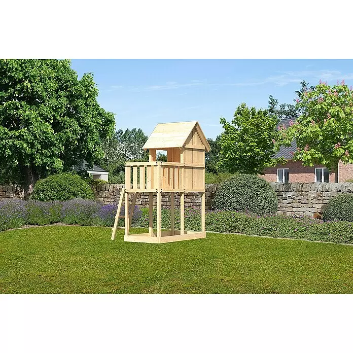 Karibu Kinderspielturm Frieda Set 1 - L x B x H: 202 x 107 x 291 cm, Natur - Hölzernes Spielhaus mit erhöhter Struktur, Leiter und integriertem Sandkasten im Garten.