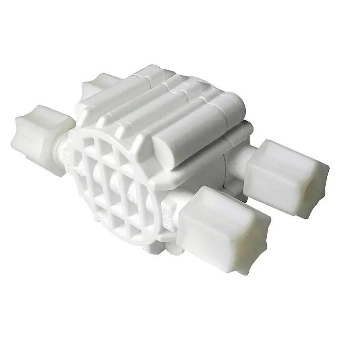 Bb agua Válvula hidráulica EUR - Ámbito de uso: Sistema de agua doméstica - Imagen de una válvula multipuerto de plástico blanco. Fabricada con precisión para un control de flujo fiable en diversas aplicaciones.