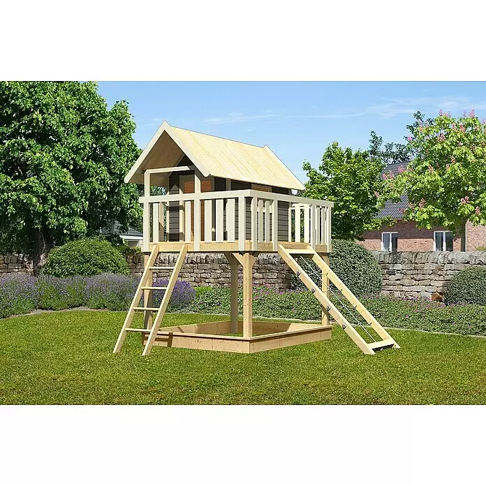 Karibu Kinderspielturm Fidel Set 8 - L x B x H: 243 x 198 x 329,5 cm, Terragrau - Hölzernes Spielhaus auf Stelzen mit Sandkasten, Leiter und Kletternetz in einem Garten.
