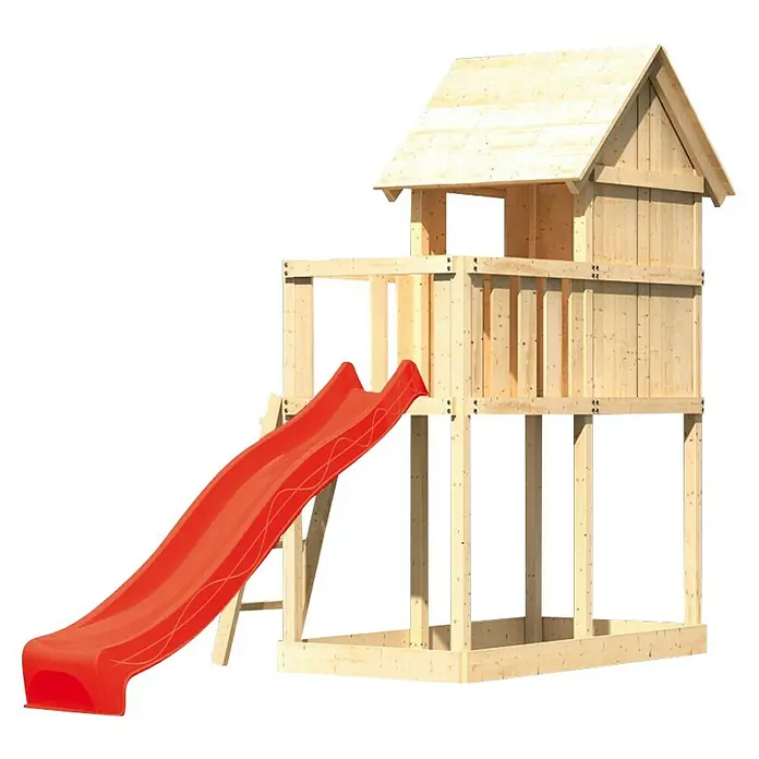 Karibu Kinderspielturm Frieda Set 3 - L x B x H: 202 x 107 x 291 cm, Natur - Bild eines hölzernen Spielhauses mit Rutsche. Dieses Spielhaus bietet stundenlangen Spielspaß im Garten und fördert die Fantasie der Kinder.