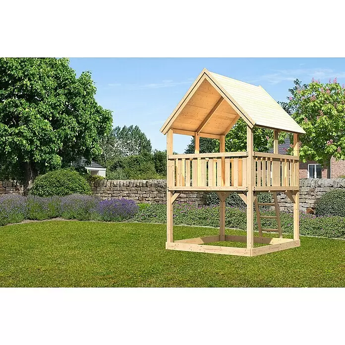 Karibu Kinderspielturm Luis Set 1 - L x B x H: 200 x 200 x 345 cm, Leiter - Ein Spielhaus aus Naturholz mit Spitzdach und Geländer.