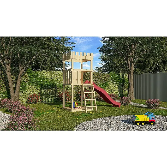 Karibu Kinderspielturm Ritterburg Löwenherz Set 3 - L x B x H: 107 x 107 x 259,5 cm, Natur - Ein zweistöckiges Spielhaus mit Rutsche und Sandkasten im Garten.