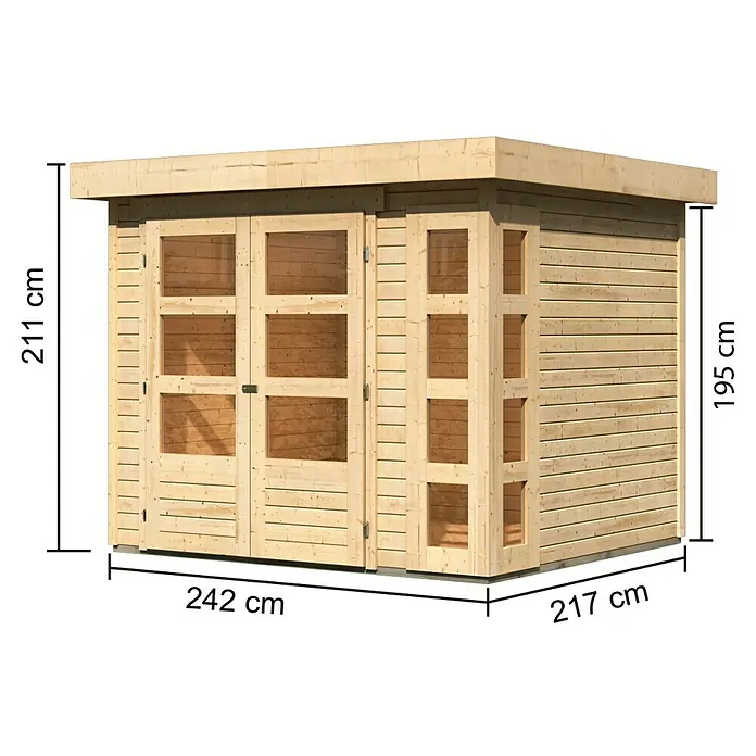 Karibu Gartenhaus Kerko 3 - Außenmaß inkl. Dachüberstand (B x T): 266 x 238 cm, Holz, Natur - Abmessungen des Holzgartenhauses: 211 cm Höhe, 242 cm Breite und 217 cm Tiefe, ideal für kleine Gärten und als Gerätehaus.