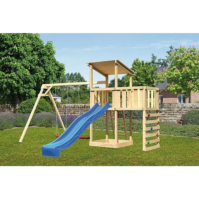 Karibu Kinderspielturm Anna Set 51 - L x B x H: 264 x 454 x 270 cm, Natur - Hölzernes Spielgerüst mit Schaukel, Rutsche, Kletterwand und Aussichtsturm für unvergessliche Outdoor-Abenteuer im Garten.