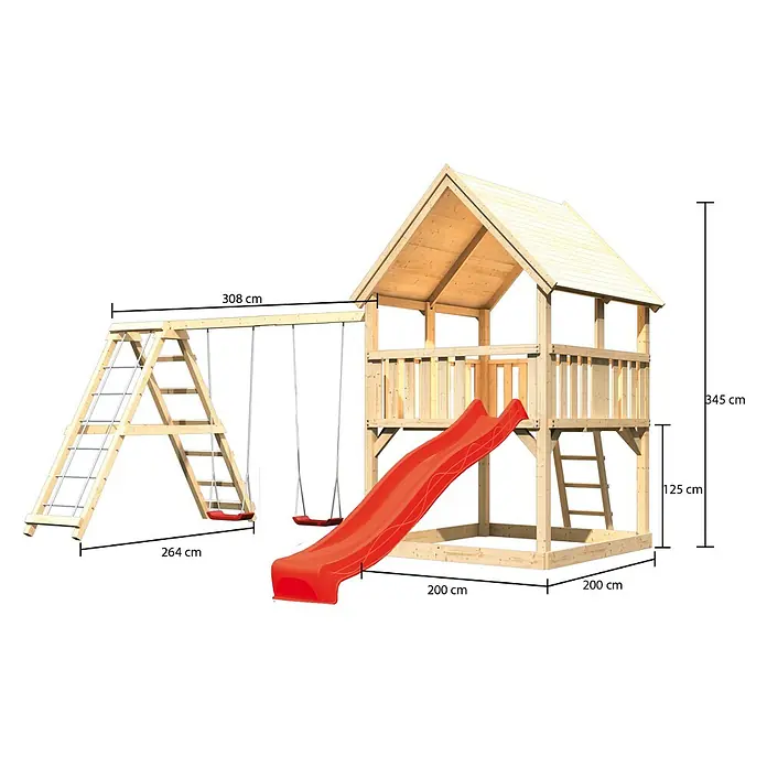 Karibu Kinderspielturm Luis Set 11 - L x B x H: 264 x 508 x 345 cm, Natur/Rot - Abbildung eines Spielturms aus Holz mit Schaukel und Rutsche, inklusive Maßangaben.