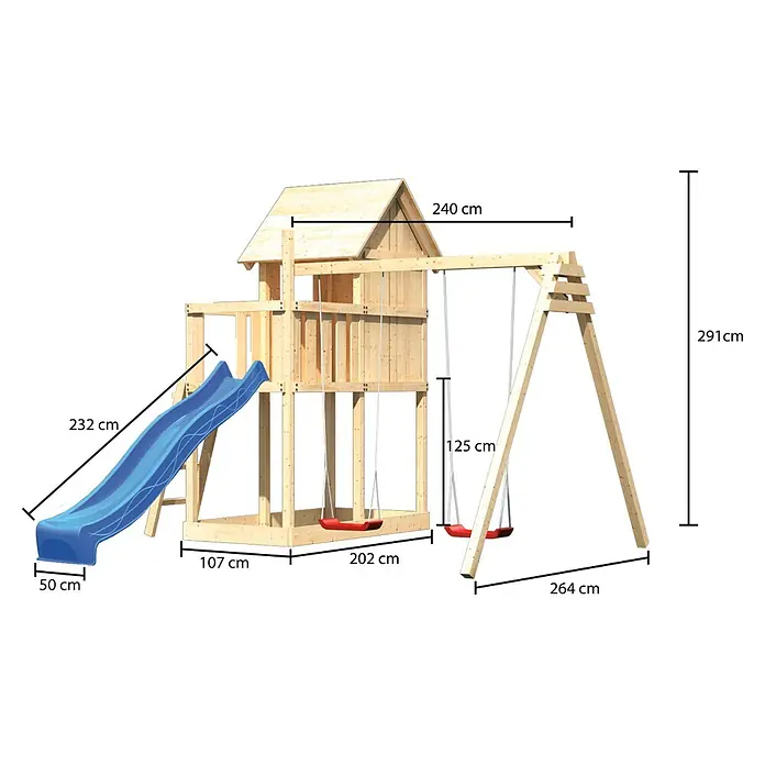 Karibu Kinderspielturm Frieda Set 9 - L x B x H: 264 x 347 x 291 cm, Natur - Abbildung eines Holzspielturms mit Rutsche und Schaukel mit den jeweiligen Maßangaben.