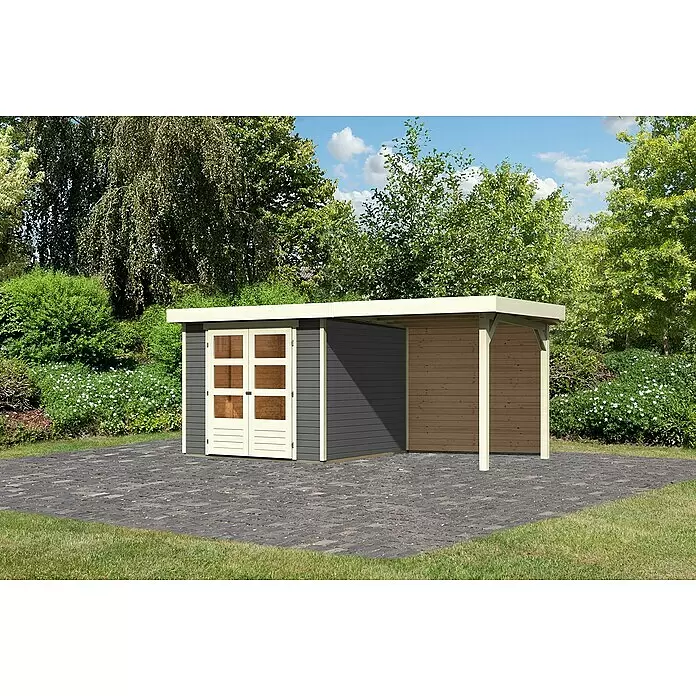 Karibu Gartenhaus Askola 3,5 - Außenmaß inkl. Dachüberstand (B x T): 491 x 262 cm, Holz, Terragrau, Mit Seitendach und Rückwand - Moderner Geräteschuppen mit Anbaucarport in Dunkelgrau und hellem Holz auf gepflasterter Fläche.