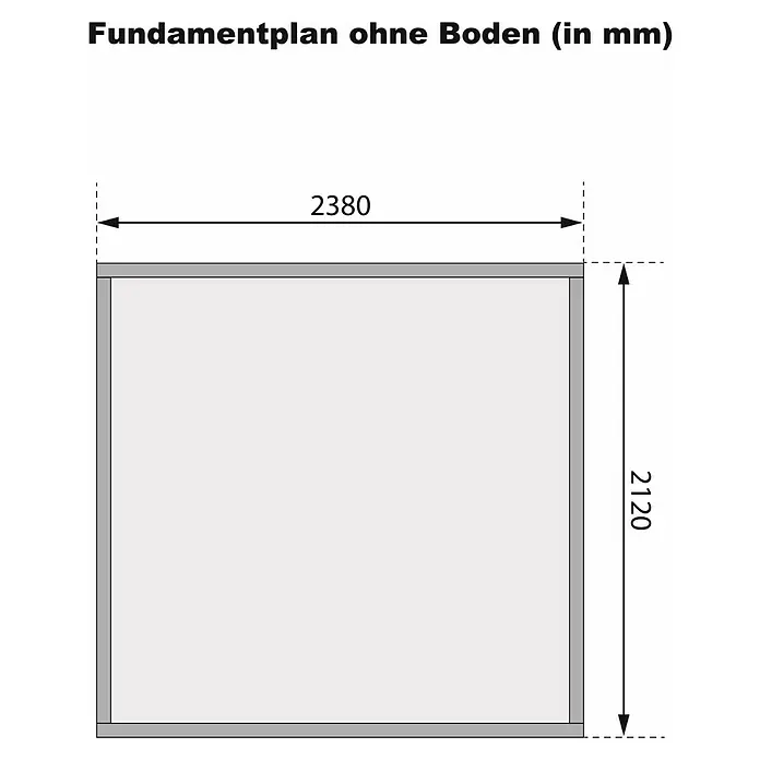 Karibu Gartenhaus Kerko 3 - Außenmaß inkl. Dachüberstand (B x T): 266 x 238 cm, Holz, Natur - Fundamentplan ohne Boden (in mm): Die Abmessungen des Fundaments betragen 2380 x 2120 mm, dargestellt in einer technischen Zeichnung.