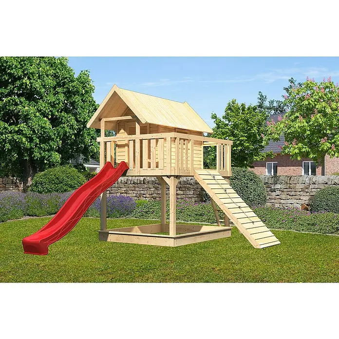 Karibu Kinderspielturm Fidel Set 16 - L x B x H: 243 x 198 x 329,5 cm, Natur/Rot - Holzspielhaus mit Rutsche und Sandkasten im Garten. Ideal für Kinder zum Spielen und Entdecken im Freien.