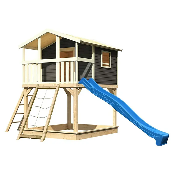 Karibu Spielhaus Benjamin Set 13 - L x B x H: 244 cm x 198 mm x 309 cm, Holz, Terragrau - Abbildung eines erhöhten Holzspielhauses mit Rutsche, Kletternetz und Sandkasten, ideal für Kinder zum Spielen und Entdecken im Garten.