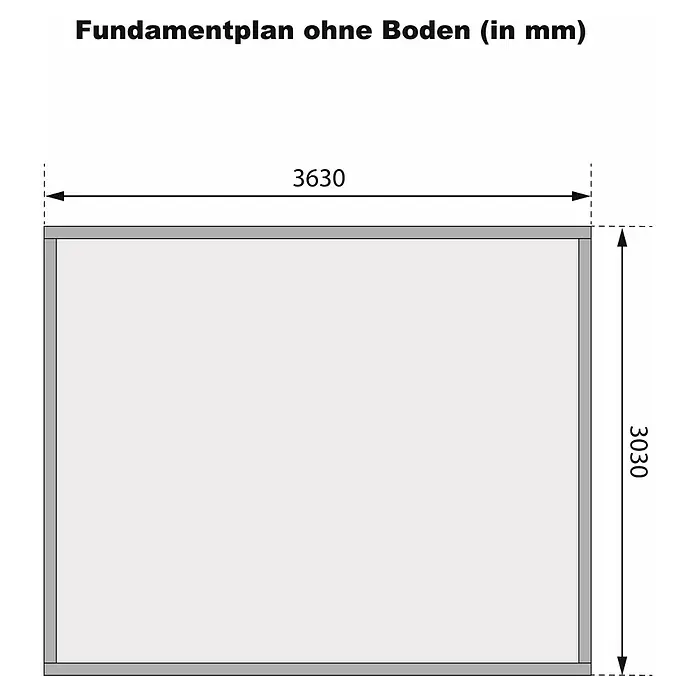 Karibu Gartenhaus Northeim 4 - Außenmaß inkl. Dachüberstand (B x T): 406 x 331,5 cm, Holz, Terragrau - Fundamentplan ohne Boden, Maße 3630 mm x 3030 mm. Der Plan zeigt die rechteckigen Abmessungen des Fundaments ohne Boden.