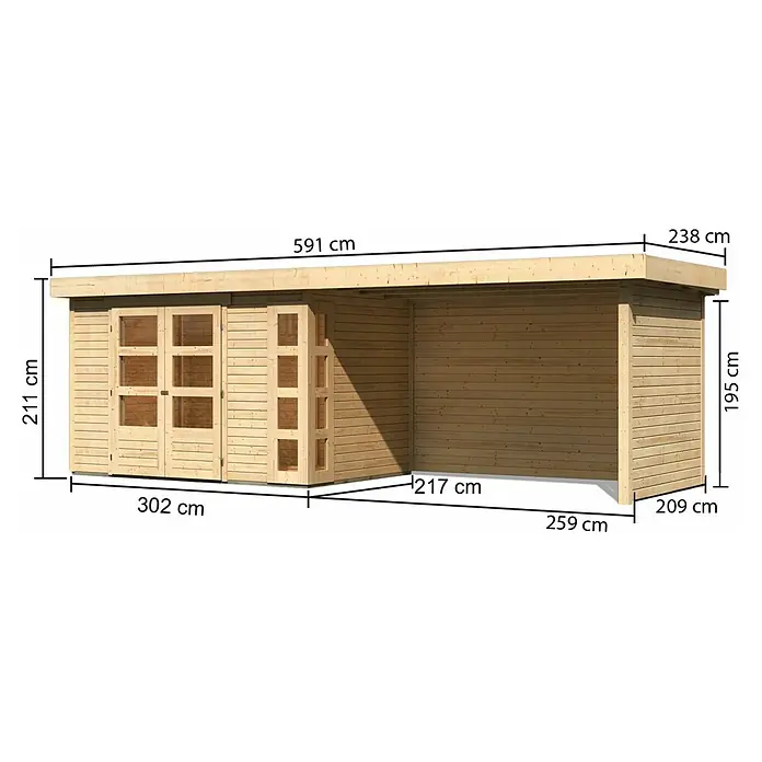 Karibu Gartenhaus Kerko 4 - Außenmaß inkl. Dachüberstand (B x T): 609 x 238 cm, Holz, Natur, Mit Seitendach, Rück- und Seitenwand - Abbildung einer Holzgartenlaube mit den Abmessungen 591 cm Länge, 238 cm Breite und 211 cm Höhe, inklusive der Maße der Tür- und Fensterfront.