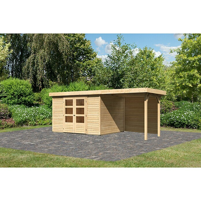 Karibu Gartenhaus Askola 5 (Außenmaß inkl. Dachüberstand (B x T): 554 x 262 cm, Holz, Natur, Mit Seitendach und Rückwand) | BAUHAUS