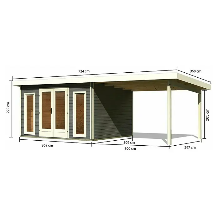 Karibu Gartenhaus Radeburg 2 - Außenmaß inkl. Dachüberstand (B x T): 724 x 331,5 cm, Holz, Terragrau, Mit Seitendach - Abbildung eines Gartenhauses mit Anbau und Größenangaben, die die Abmessungen des Hauses zeigen.