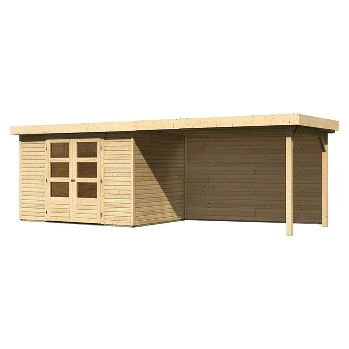 Karibu Gartenhaus Askola 4 - Außenmaß inkl. Dachüberstand (B x T): 591,5 x 238 cm, Holz, Natur, Mit Seitendach und Rückwand - Abgebildetes Holzgartenhaus mit Doppeltür und überdachter Veranda. Das Haus ist aus hellem Holz gefertigt und bietet einen gemütlichen Rückzugsort im Garten.