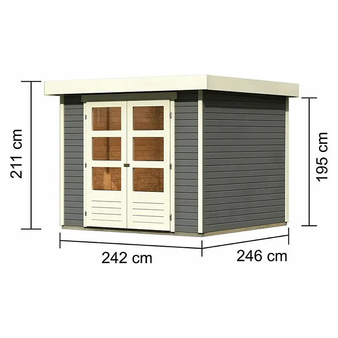 Karibu Gartenhaus Cuno 3 - Außenmaß inkl. Dachüberstand (B x T): 266 x 238 cm, Holz, Terragrau - Abbildung eines Gartenhauses mit Doppeltür, das mit seinen Maßen von 242 cm Breite, 246 cm Tiefe und 211 cm Höhe überzeugt.
