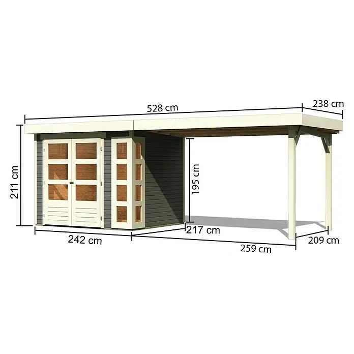 Karibu Gartenhaus Kerko 3 - Außenmaß inkl. Dachüberstand (B x T): 528,5 x 238 cm, Holz, Terragrau, Mit Seitendach - Abbildung eines Gartenhauses mit den Maßangaben 211 cm Höhe, 528 cm Länge und 238 cm Tiefe des Vordachs für Planungszwecke.