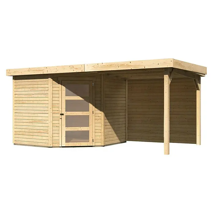 Karibu Gartenhaus Schwandorf 5 - Außenmaß inkl. Dachüberstand (B x T): 492,5 x 262 cm, Holz, Natur - Eine moderne Holzgartenlaube mit Tür und überdachtem Bereich, ideal für Entspannung im Freien. Das Gartenhaus ist hell und freundlich.