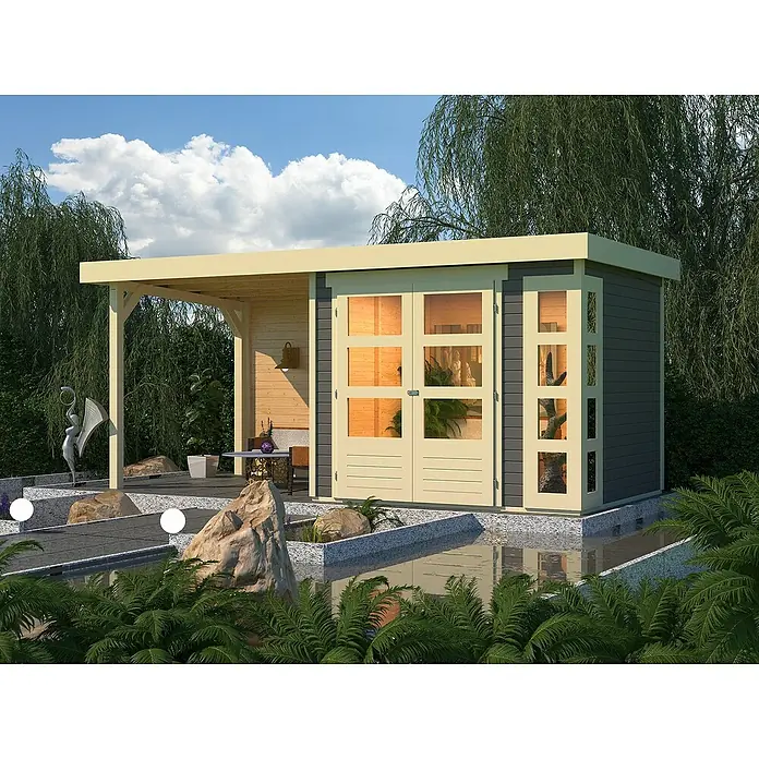 Karibu Gartenhaus Kerko 3 - Außenmaß inkl. Dachüberstand (B x T): 491 x 238 cm, Holz, Terragrau, Mit Seitendach und Rückwand - Ein modernes Gartenhaus mit Überdachung und Glastüren, umgeben von üppiger Vegetation und stilvollen Dekorationselementen.