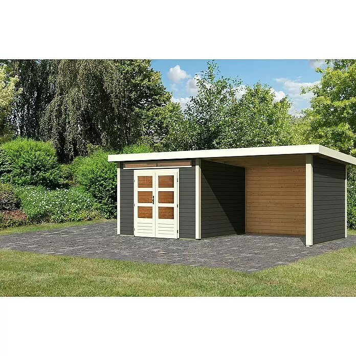 Karibu Gartenhaus Kandern 6 - Außenmaß inkl. Dachüberstand (B x T): 612 x 303 cm, Holz, Terragrau, Mit Seitendach, Rück- und Seitenwand - Stimmungsaufnahme