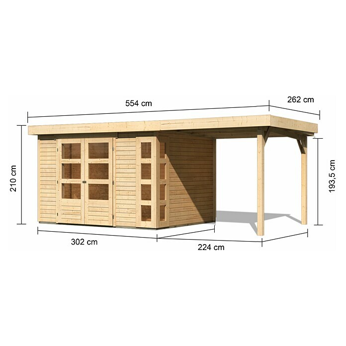 Karibu Gartenhaus Kerko 5 (Außenmaß inkl. Dachüberstand (B x T): 554 x 262  cm, Holz, Natur, Mit Seitendach) | BAUHAUS