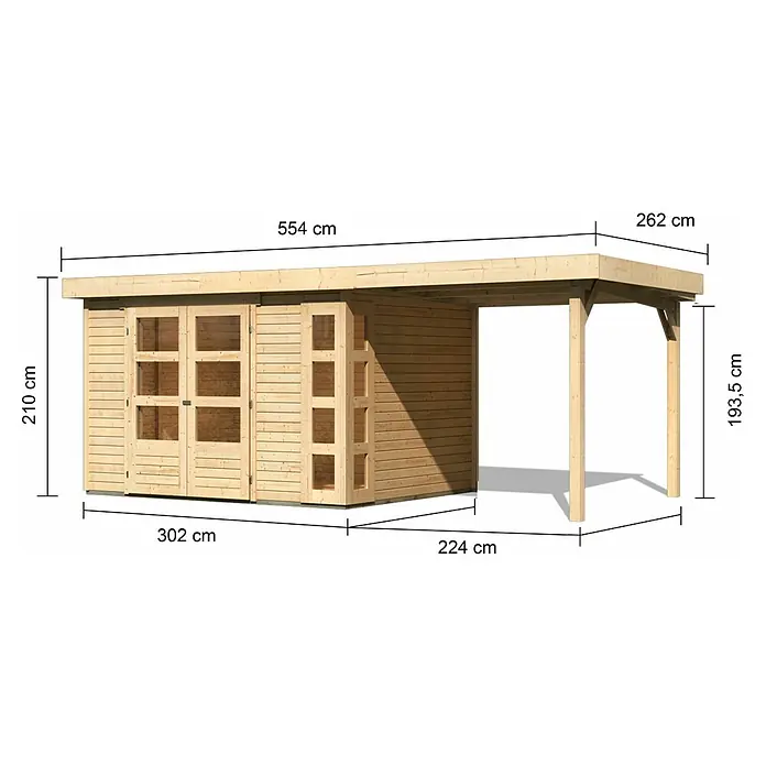 Karibu Gartenhaus Kerko 5 - Außenmaß inkl. Dachüberstand (B x T): 554 x 262 cm, Holz, Natur, Mit Seitendach - Abbildung eines Holzgartenhauses mit einer Gesamtbreite von 554 cm, einer Höhe von 210 cm und einer Tiefe von 302 cm.