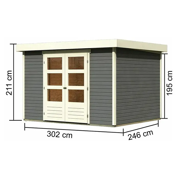 Karibu Gartenhaus Askola 5 - Außenmaß inkl. Dachüberstand (B x T): 330 x 262 cm, Holz, Terragrau, Ohne Seitendach - Produktdarstellung: Gartenhaus mit den Maßen 302 cm x 246 cm und einer Höhe von 211 cm.