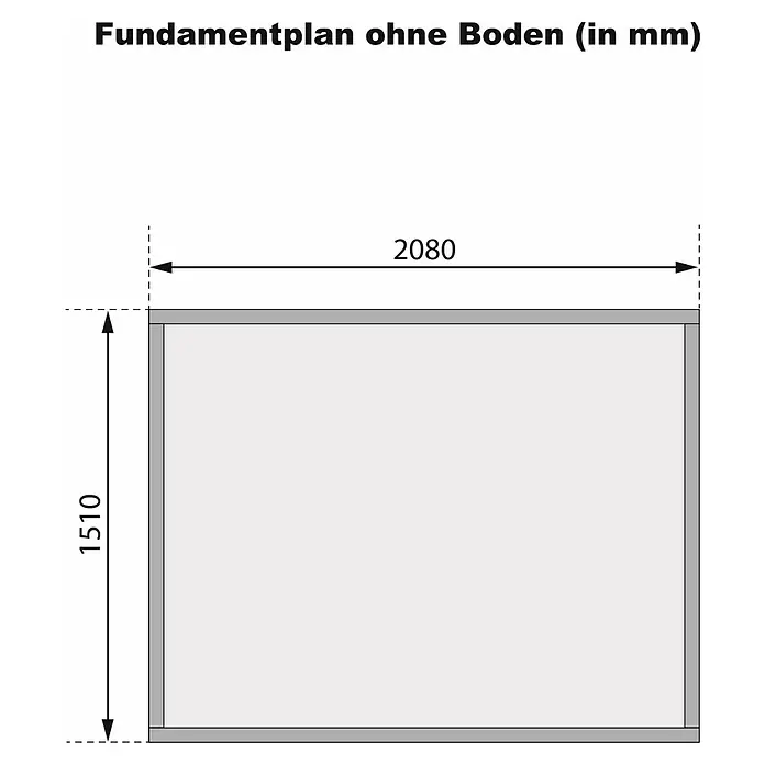 Karibu Gartenhaus Merseburg 3 - Außenmaß inkl. Dachüberstand (B x T): 240 x 175 cm, Holz, Natur, Ohne Seitendach - Fundamentplan ohne Boden mit den Maßen 2080 mm Breite und 1510 mm Höhe. Ideal für die Planung von Gartenprojekten und Bauvorhaben.