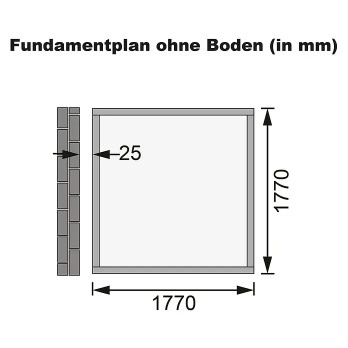 Karibu Gartenhaus Wandlitz 2 - Außenmaß inkl. Dachüberstand (B x T): 200 x 232 cm, Holz, Terragrau - Fundamentplan ohne Boden (in mm): Detailansicht eines Fundamentplans ohne Boden, mit Maßen von 1770 mm und einer Wandstärke von 25 mm.