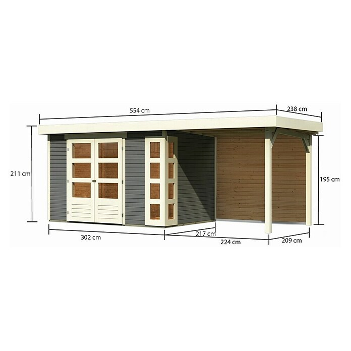Karibu Gartenhaus Kerko 4 (Außenmaß inkl. Dachüberstand (B x T): 554 x 238 cm, Holz, Terragrau, Mit Seitendach und Rückwand) | BAUHAUS